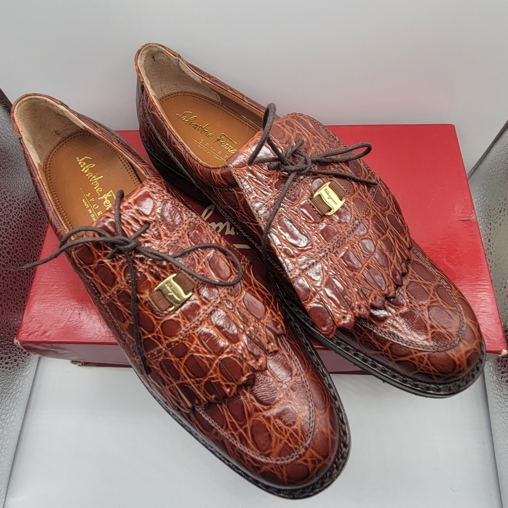 Authentic SALVATORE FERRAGAMO Brown Leather Alligator Golf Shoes Kilts 9 AA BOX - Picture 2 of 13